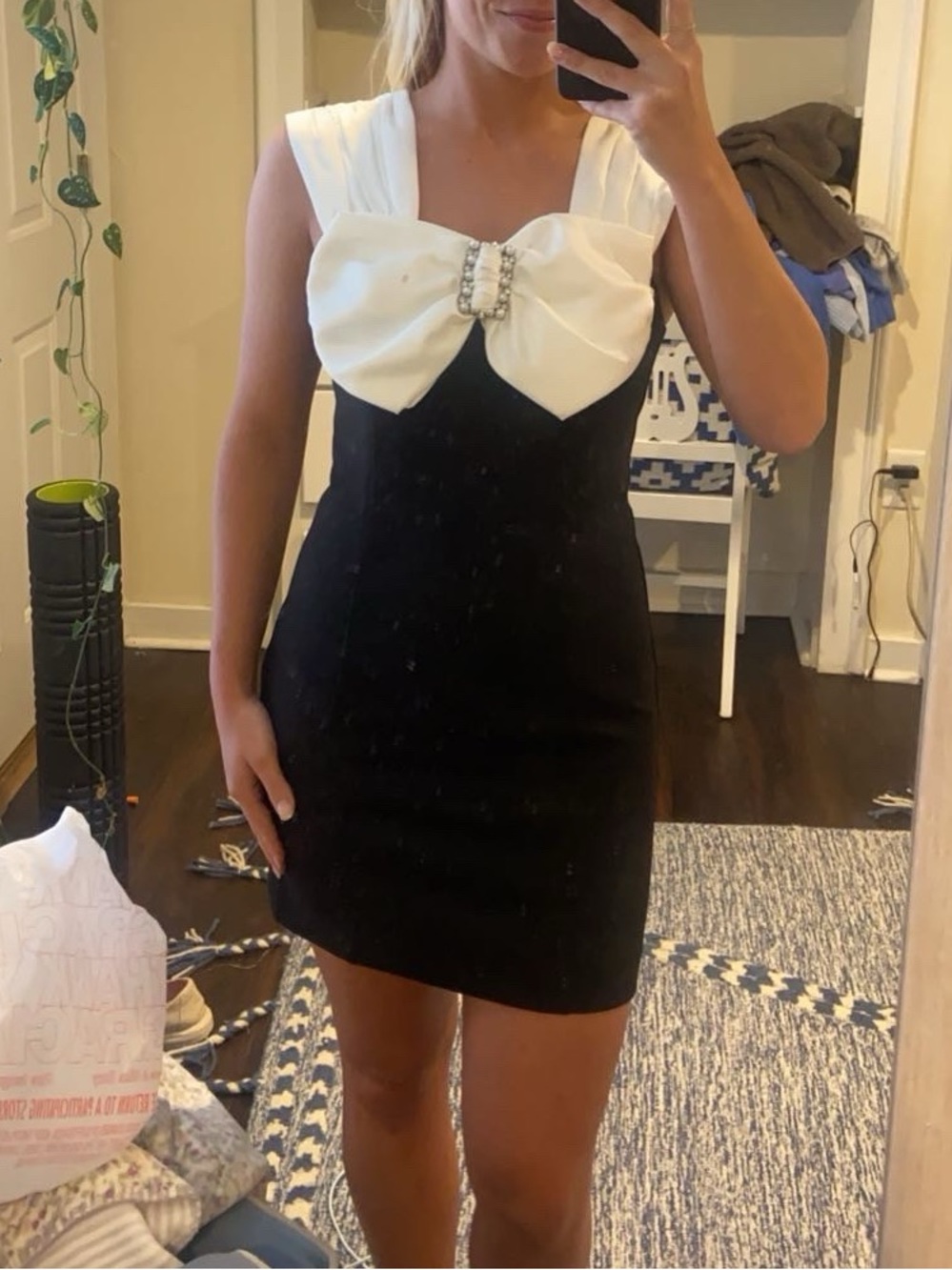 Endless Rose Black Mini Dress with White Bow and Jewel Accent